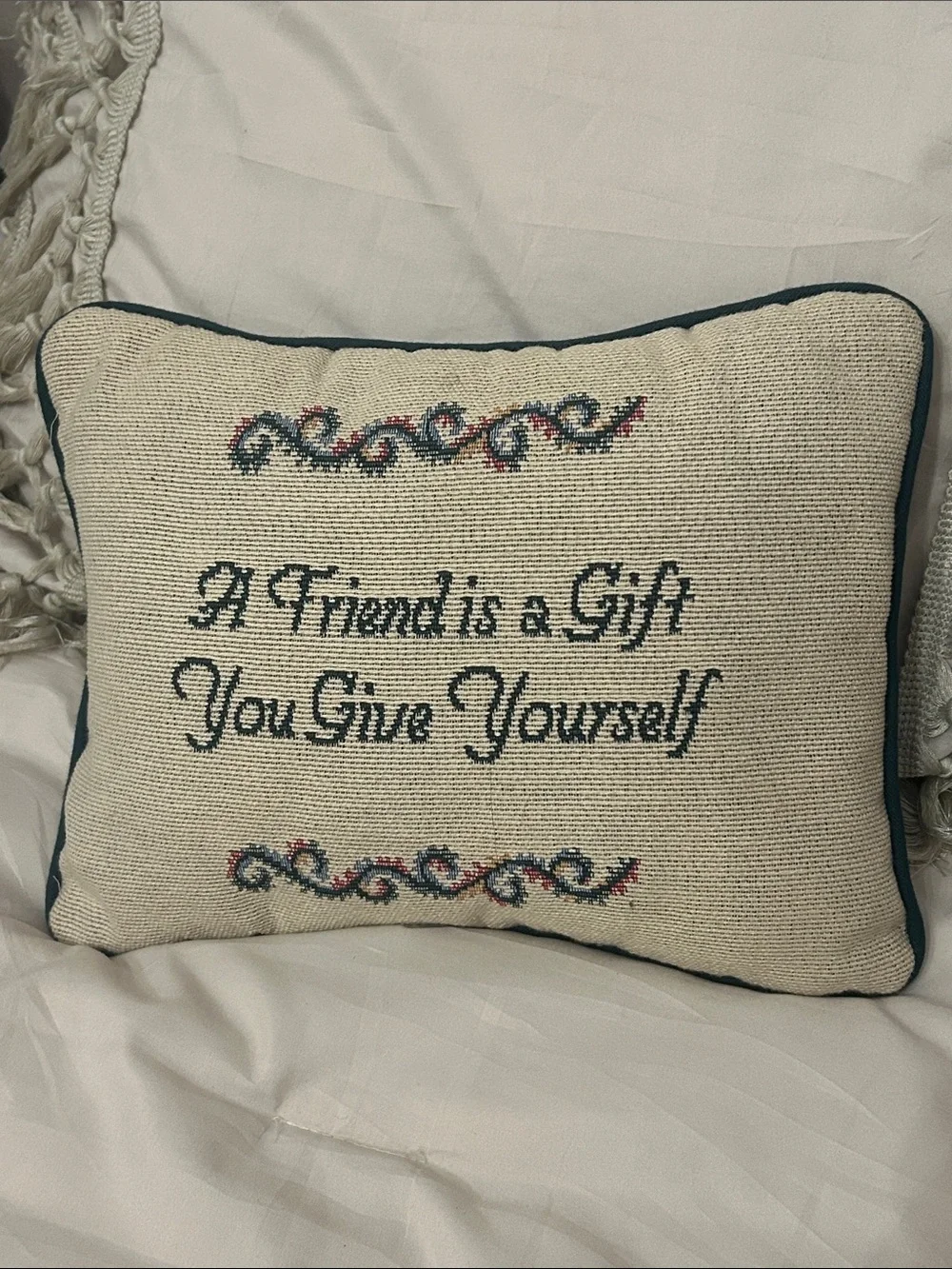 Embroidered 'A Friend is a Gift' Decorative Pillow - Cream with Green Accents